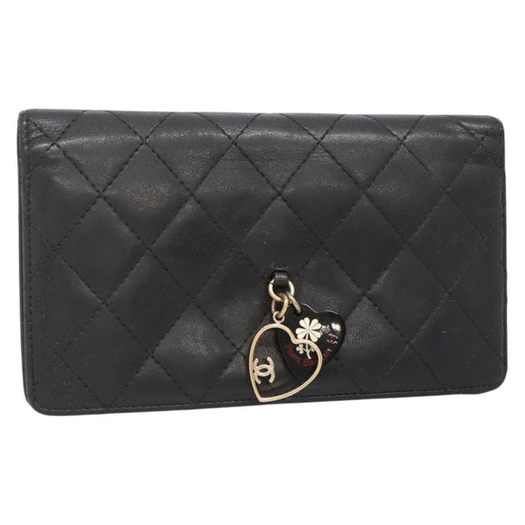 CHANEL Matelasse Long Wallet Lamb Skin Black Gold CC Auth 142368
