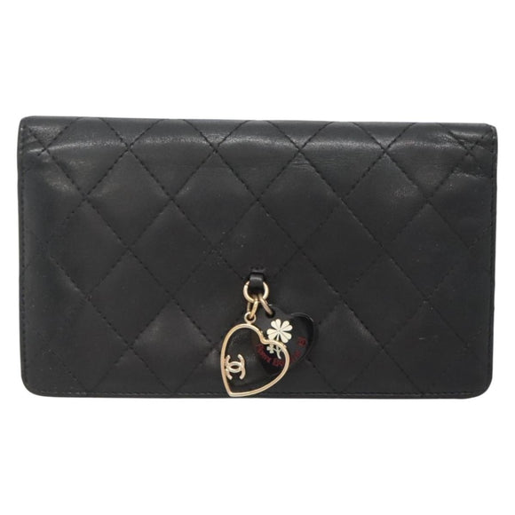 CHANEL Matelasse Long Wallet Lamb Skin Black Gold CC Auth 142368
