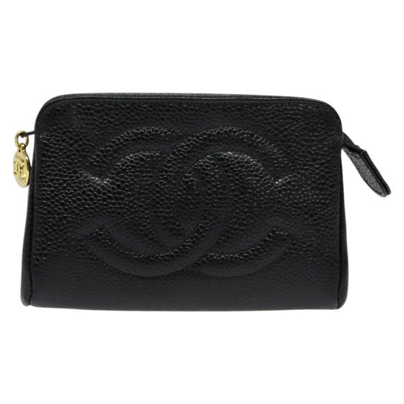 CHANEL Pouch Caviar Skin Black Gold CC Auth 142376