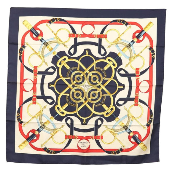 HERMES Carre 90 Scarf ""Eperon d'or"" Silk Navy Auth 142397