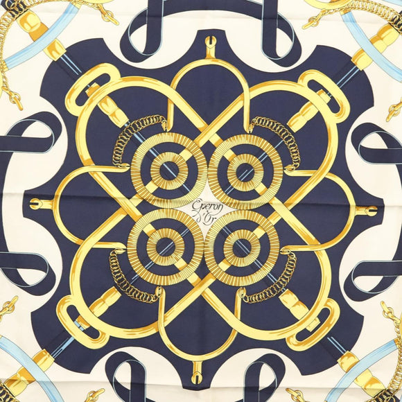 HERMES Carre 90 Scarf ""Eperon d'or"" Silk Navy Auth 142397