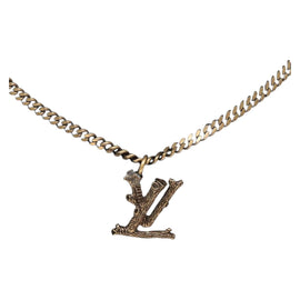 LOUIS VUITTON Collier Printed Initials LV Wood Necklace Gold MP2780 Auth 142405M