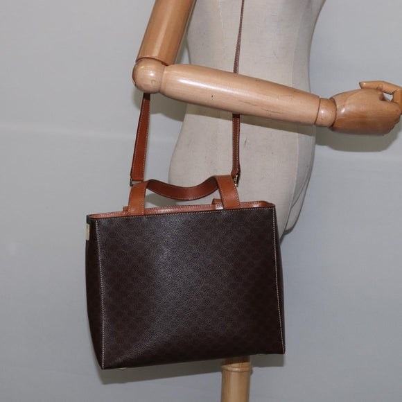 CELINE Macadam Canvas Hand Bag PVC Leather 2way Brown Gold Auth 142436