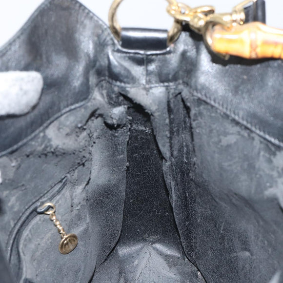 GUCCI Bamboo Hand Bag Leather Black Gold 001 1998 1638 Auth 142437