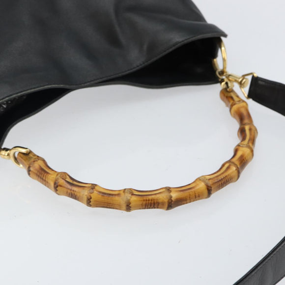 GUCCI Bamboo Hand Bag Leather Black Gold 001 1998 1638 Auth 142437