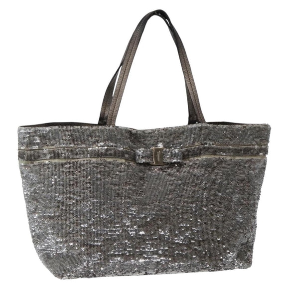 Salvatore Ferragamo Vala Tote Bag Sequin Silver Auth 142446