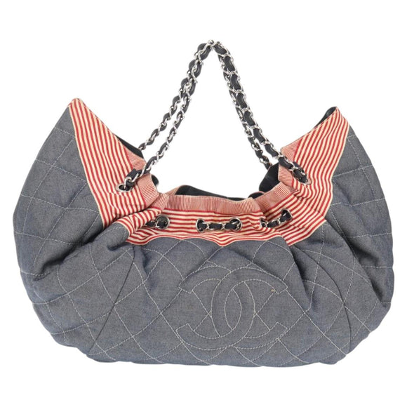 CHANEL Chain Tote Bag Denim Blue Silver CC Auth 142514V
