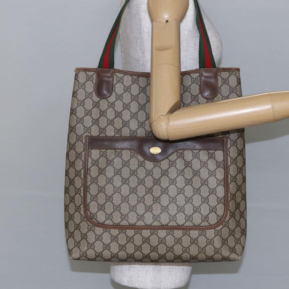 GUCCI GG Supreme Web Sherry Line Tote Bag PVC Beige Red 378 02 003 Auth 142533