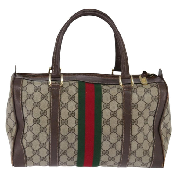 GUCCI GG Supreme Web Sherry Line Hand Bag PVC Beige Gold Red Auth 142539