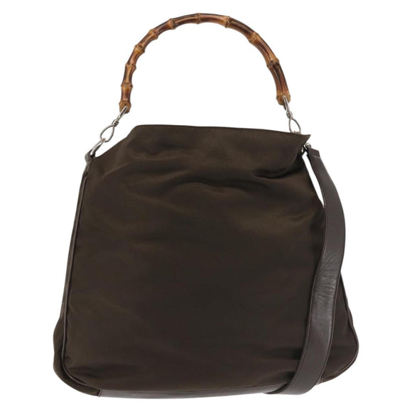 GUCCI Bamboo Hand Bag Nylon 2way Khaki Silver 001 1577 2615 Auth 142547