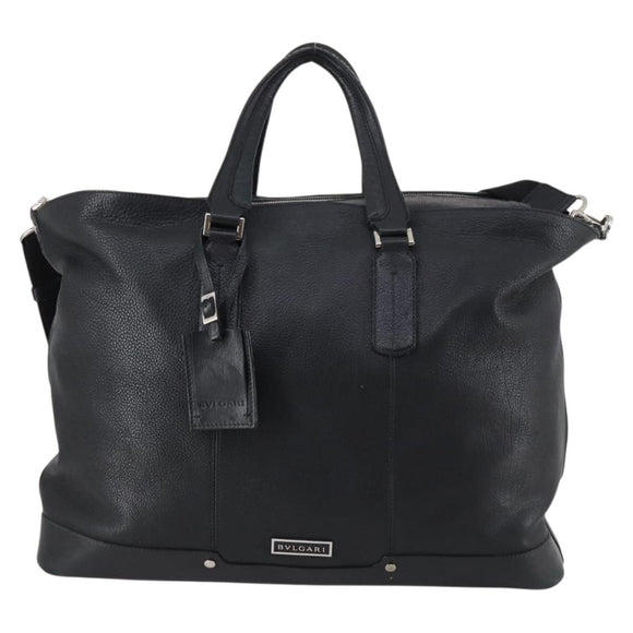 BVLGARI Boston Bag Leather 2way Black Silver Auth 142552
