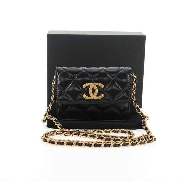 CHANEL Matelasse Chain Mini Shoulder Bag Calf Skin Black Gold CC Auth 142563M