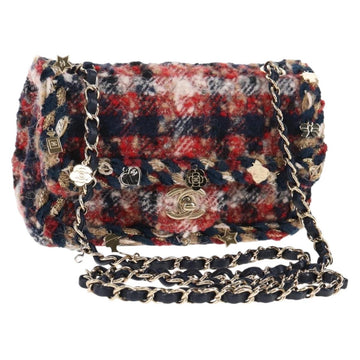 CHANEL Matelasse Chain Shoulder Bag Tweed Red Gold CC Auth 142564M