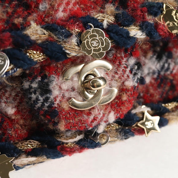 CHANEL Matelasse Chain Shoulder Bag Tweed Red Gold CC Auth 142564M