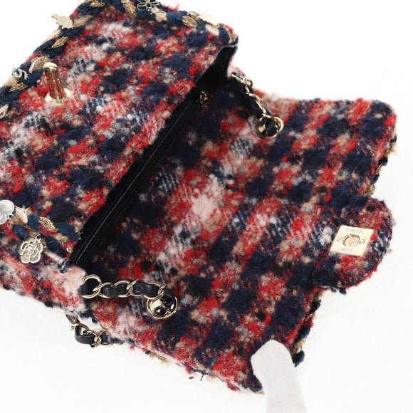 CHANEL Matelasse Chain Shoulder Bag Tweed Red Gold CC Auth 142564M