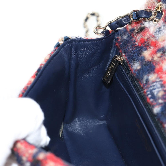 CHANEL Matelasse Chain Shoulder Bag Tweed Red Gold CC Auth 142564M