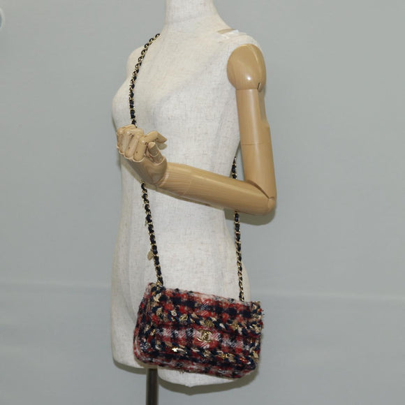 CHANEL Matelasse Chain Shoulder Bag Tweed Red Gold CC Auth 142564M