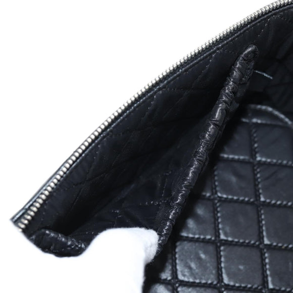CHANEL Matelasse Vanity Pouch Lamb Skin Black Silver CC Auth 142565M