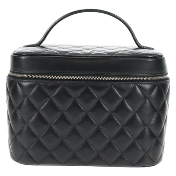 CHANEL Matelasse Vanity Pouch Lamb Skin Black Silver CC Auth 142565M - 0