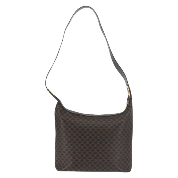 CELINE Macadam Canvas Shoulder Bag PVC Leather Black Gold Auth 142649