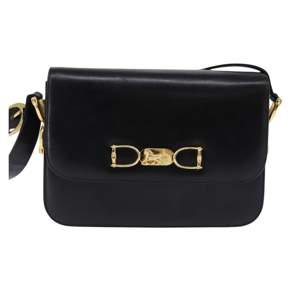 CELINE Horse Carriage Shoulder Bag Leather Black Gold Auth 142650