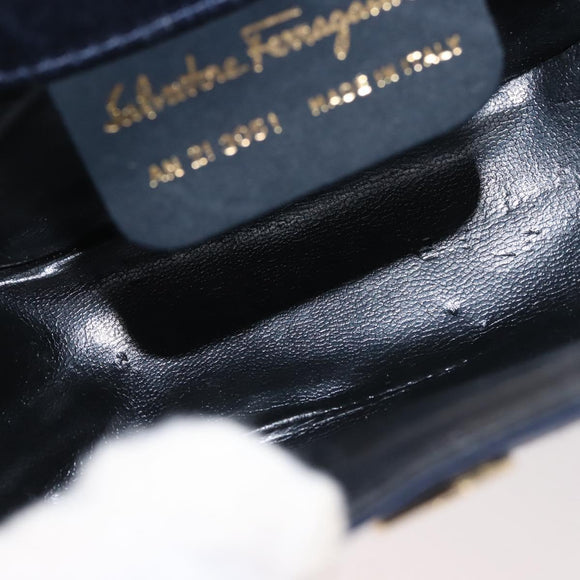 Salvatore Ferragamo Gancini Hand Bag Satin 2way Navy Gold Auth 142663
