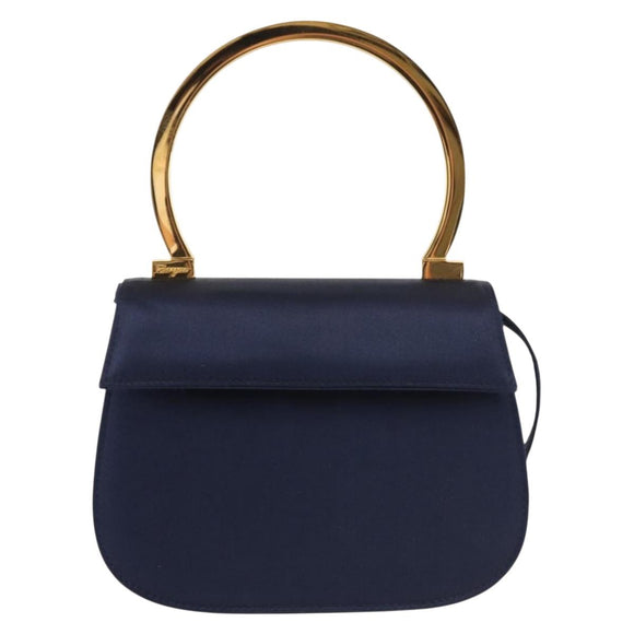 Salvatore Ferragamo Gancini Hand Bag Satin 2way Navy Gold Auth 142663