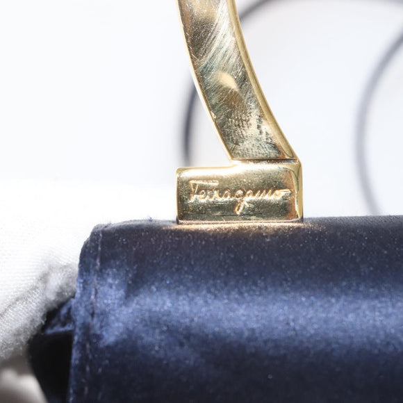 Salvatore Ferragamo Gancini Hand Bag Satin 2way Navy Gold Auth 142663