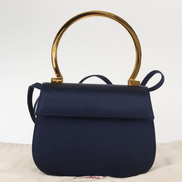 Salvatore Ferragamo Gancini Hand Bag Satin 2way Navy Gold Auth 142663