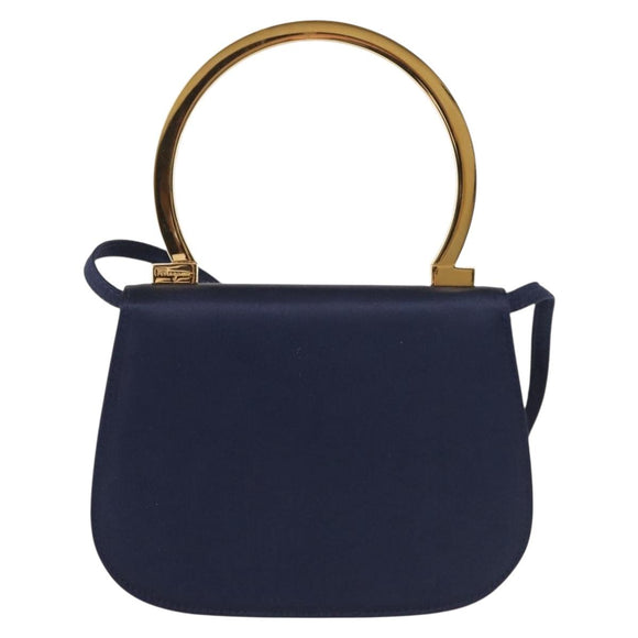Salvatore Ferragamo Gancini Hand Bag Satin 2way Navy Gold Auth 142663