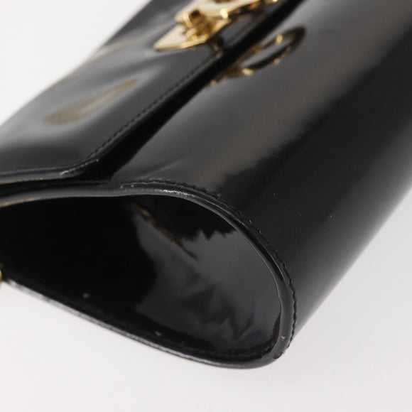 Salvatore Ferragamo Chain Gancini Shoulder Bag Enamel Black Gold Auth 142666