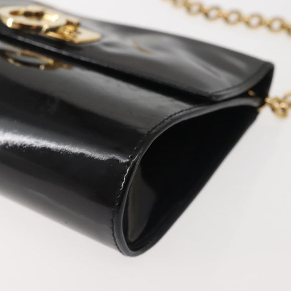 Salvatore Ferragamo Chain Gancini Shoulder Bag Enamel Black Gold Auth 142666