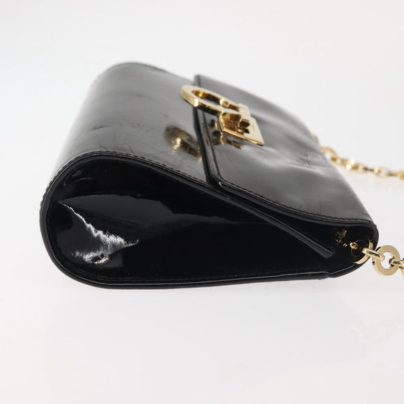 Salvatore Ferragamo Chain Gancini Shoulder Bag Enamel Black Gold Auth 142666