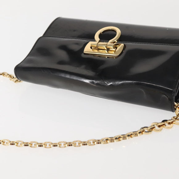 Salvatore Ferragamo Chain Gancini Shoulder Bag Enamel Black Gold Auth 142666