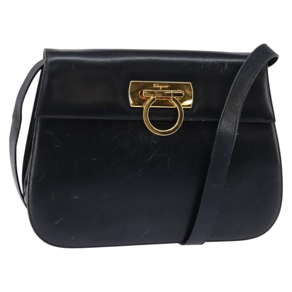 Salvatore Ferragamo Gancini Hand Bag Leather Navy Gold Auth 142667