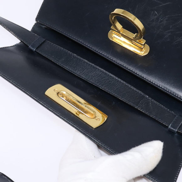 Salvatore Ferragamo Gancini Hand Bag Leather Navy Gold Auth 142667
