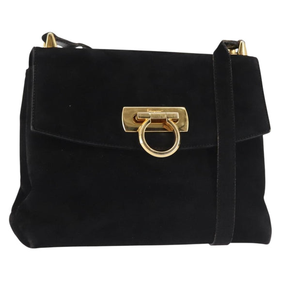Salvatore Ferragamo Gancini Shoulder Bag Suede Black Gold Auth 142668