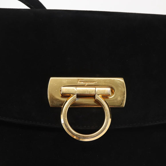 Salvatore Ferragamo Gancini Shoulder Bag Suede Black Gold Auth 142668