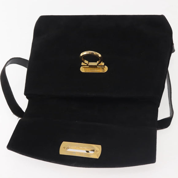 Salvatore Ferragamo Gancini Shoulder Bag Suede Black Gold Auth 142668