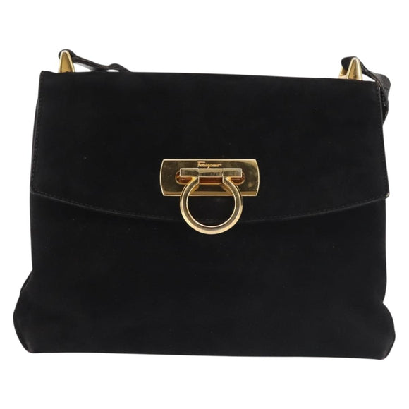Salvatore Ferragamo Gancini Shoulder Bag Suede Black Gold Auth 142668