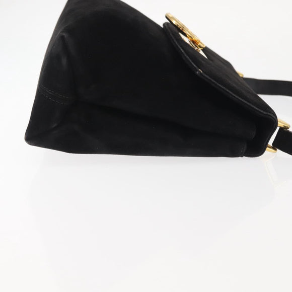 Salvatore Ferragamo Gancini Shoulder Bag Suede Black Gold Auth 142668