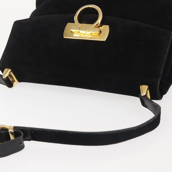 Salvatore Ferragamo Gancini Shoulder Bag Suede Black Gold Auth 142668