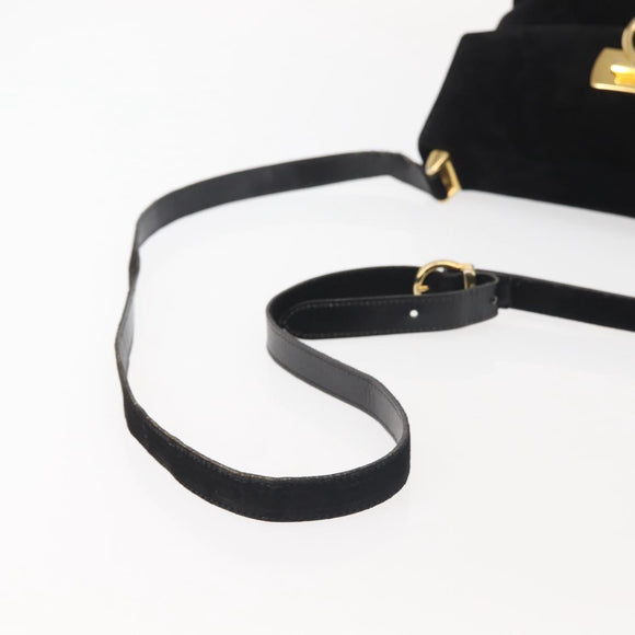 Salvatore Ferragamo Gancini Shoulder Bag Suede Black Gold Auth 142668