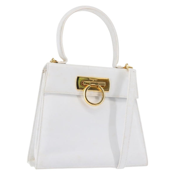 Salvatore Ferragamo Gancini Hand Bag Leather 2way White Gold Auth 142669