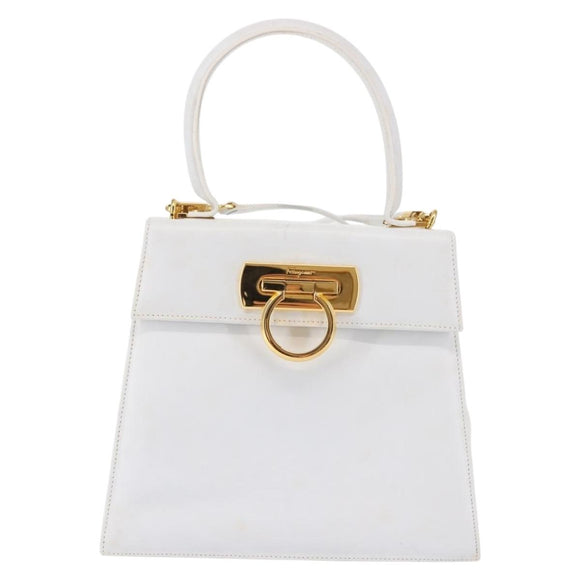 Salvatore Ferragamo Gancini Hand Bag Leather 2way White Gold Auth 142669