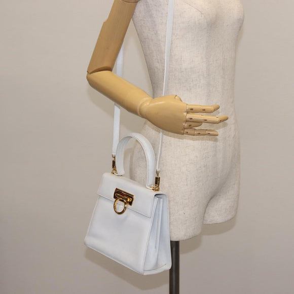 Salvatore Ferragamo Gancini Hand Bag Leather 2way White Gold Auth 142669