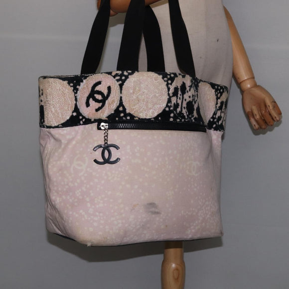 CHANEL High Summer Tote Bag Canvas Pink Silver CC Auth 142684