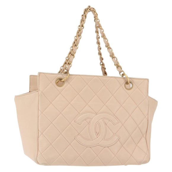 CHANEL Matelasse COCO Mark Chain Hand Bag Lamb Skin Beige CC Auth 142686