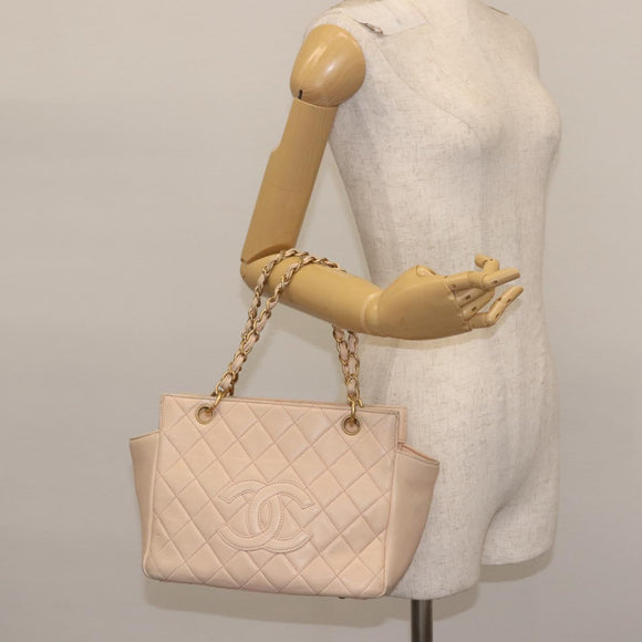 CHANEL Matelasse COCO Mark Chain Hand Bag Lamb Skin Beige CC Auth 142686