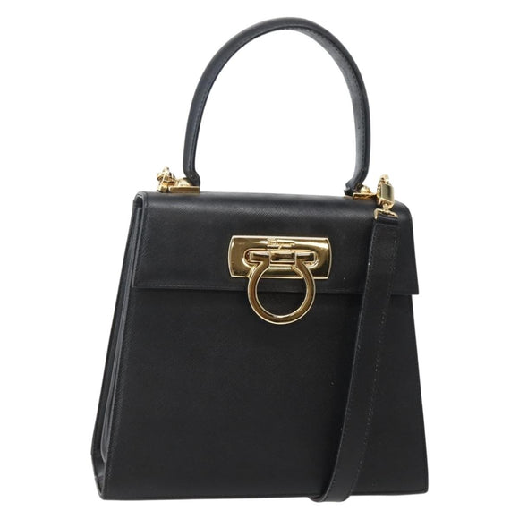 Salvatore Ferragamo Gancini Hand Bag Leather 2way Black Gold Auth 142732